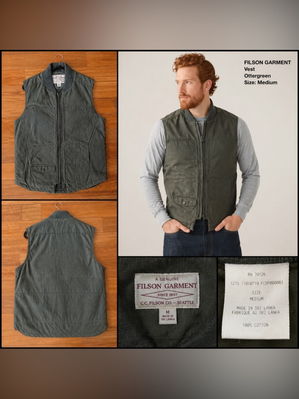 Filson Otter Green Tin Cloth Field Vest Style 11010719 Medium